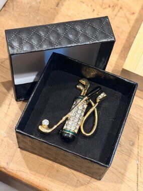 Gold-Tone Golf Bag Brooch Pin With Rhinestones & Enamel Accents Elegant Design